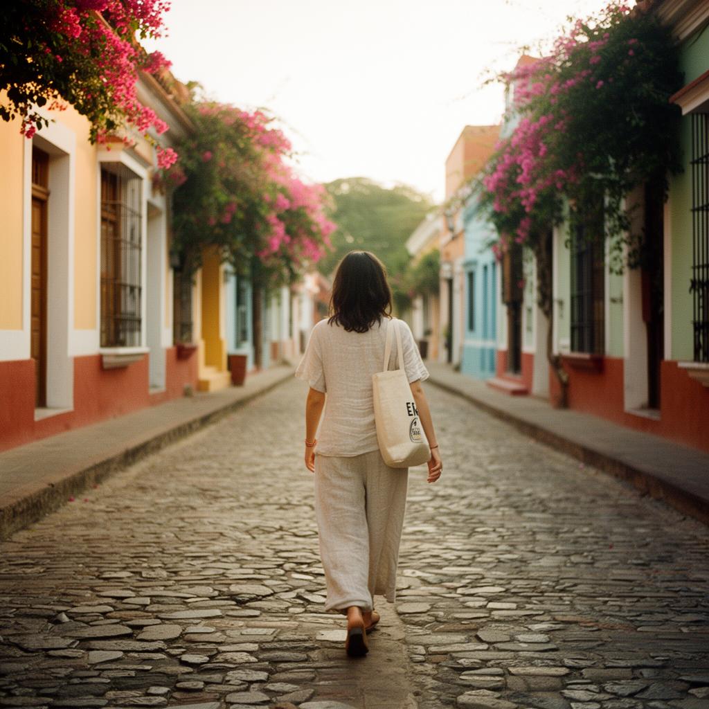 A woman walking outdoors in warm afternoon light, coffee in hand
